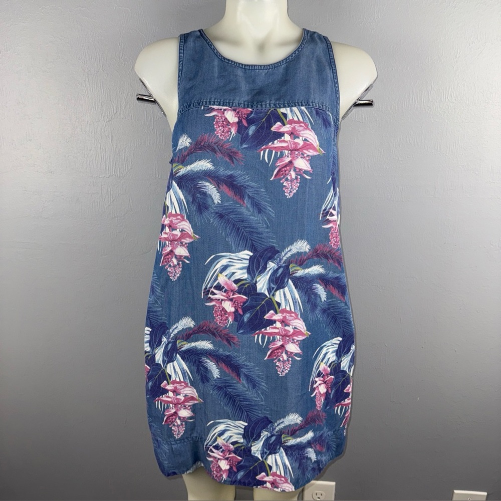 Tommy Bahama Dress Small Chambray Tropical Floral Print‎ Sleeveless with Pockets